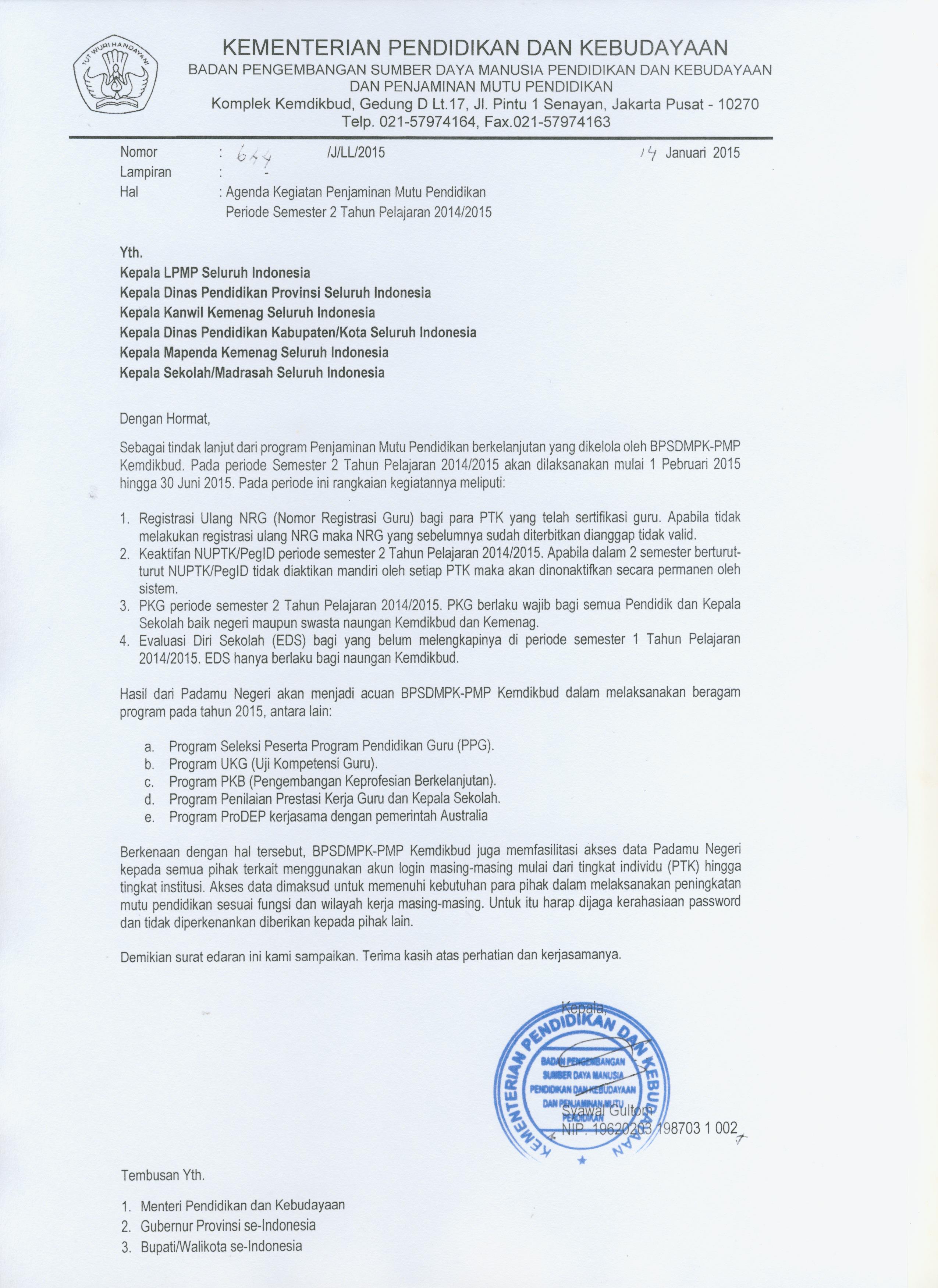 Surat Edaran Agenda Kegiatan PMP semester 2 2014 2015